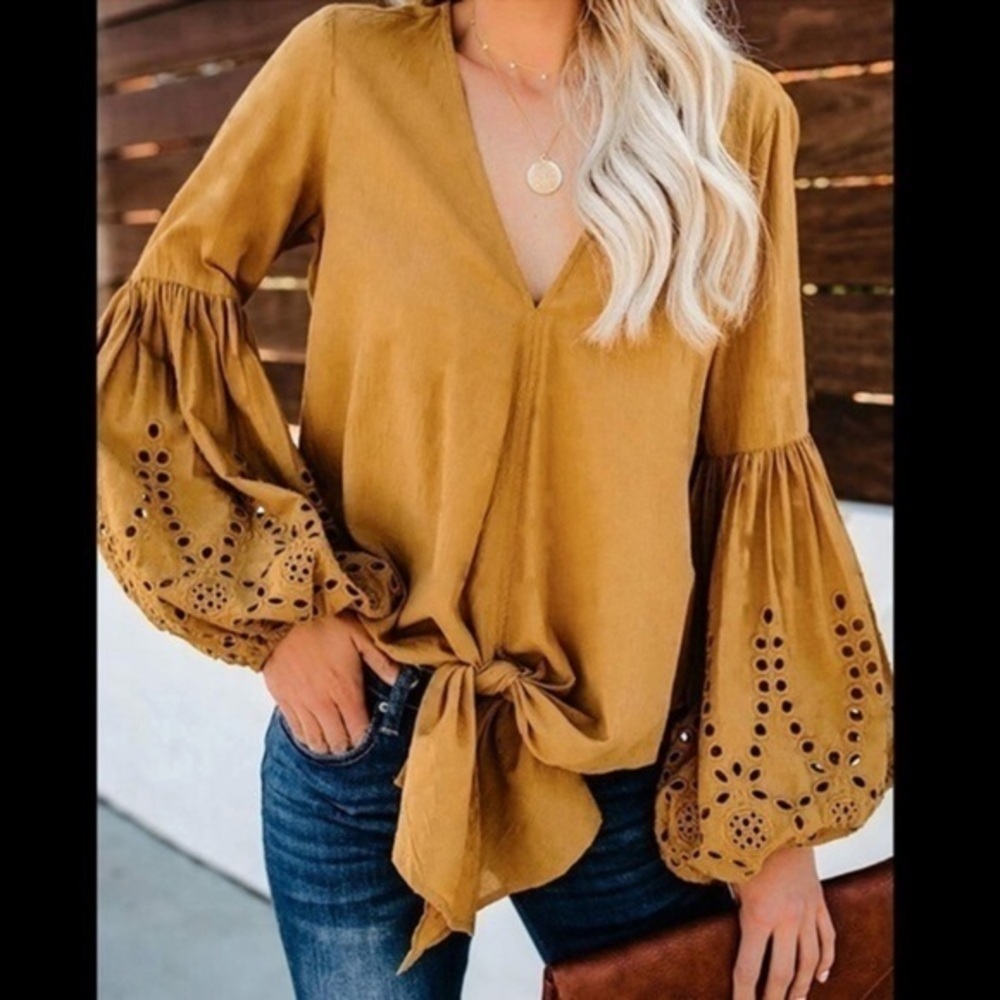 NEW Mustard (Yellow Orange) Long Lantern Sleeve Top Blouse Chic Stylish Eyelet